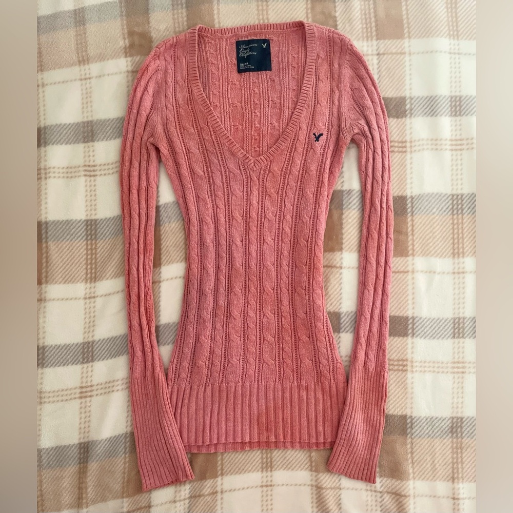 Vintage 2000s' American Eagle Dusty Pink Cable Knit Long Sleeve Sweater